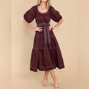 New 100% cotton brown puff sleeve dress
